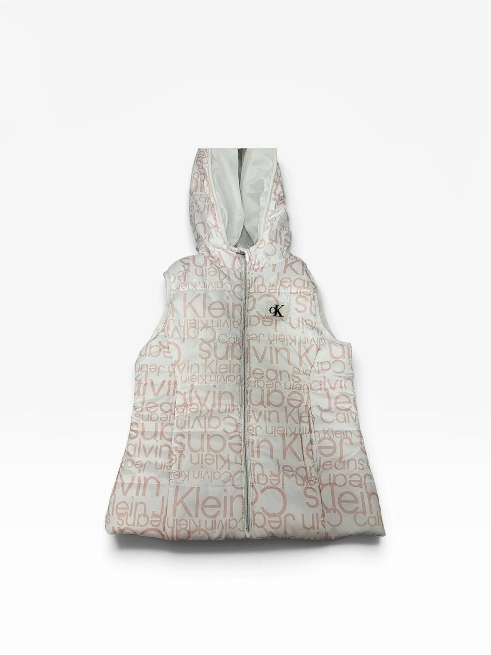 Calvin Klein Allover Monogram Logo Hooded Puffer Vest White & Pink